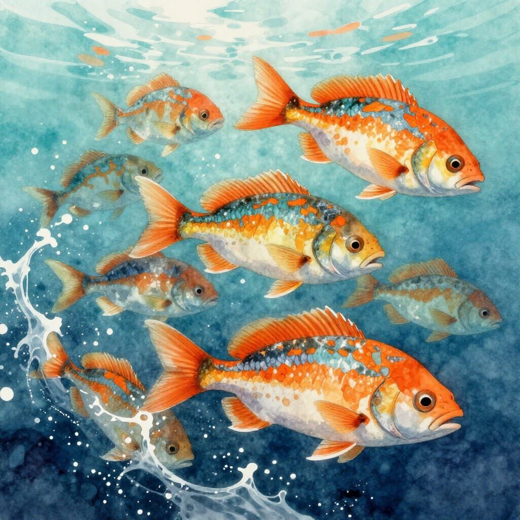 School of Fish in Dynamic Watercolor Ocean Scene