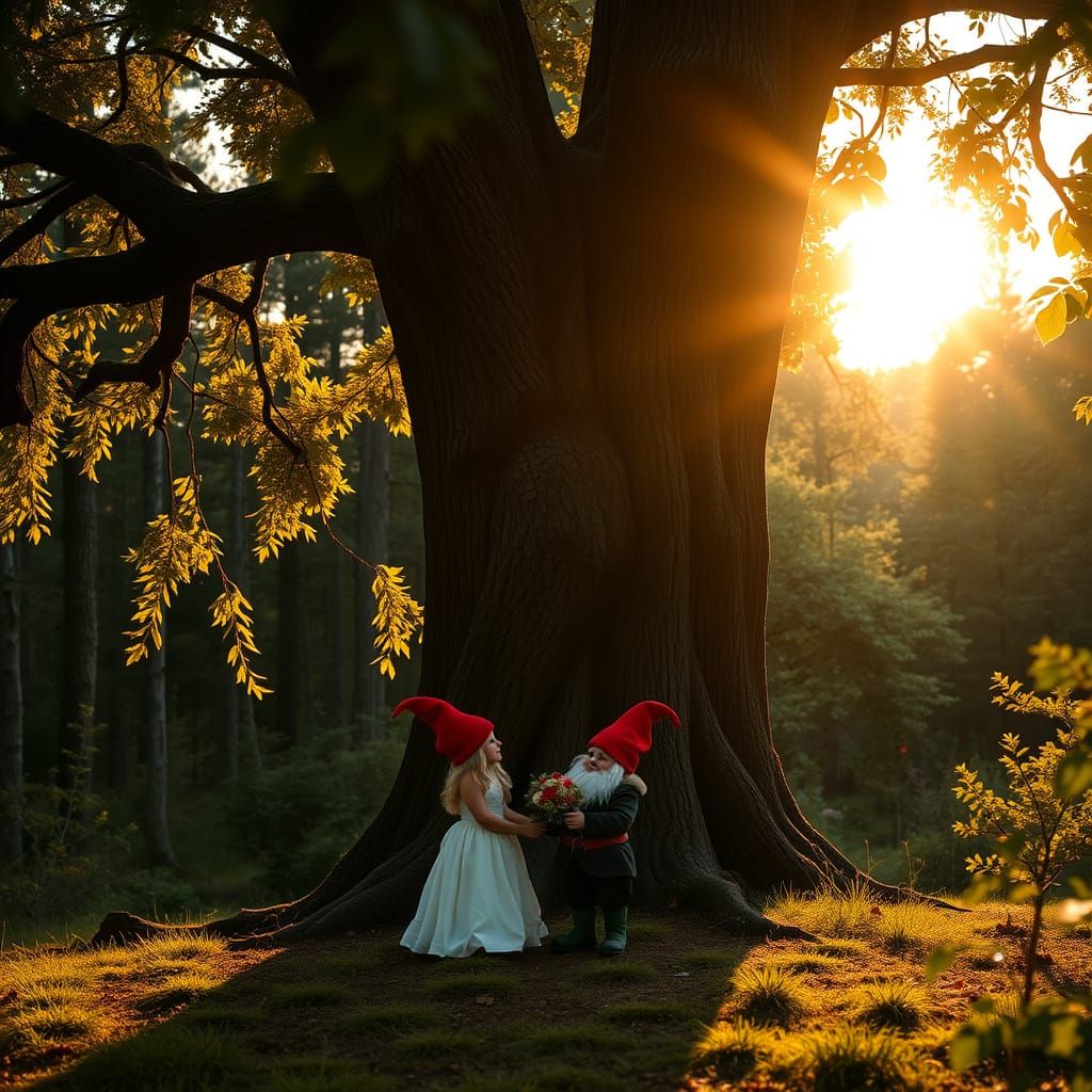 Gnomes Celebrate Whimsical Union Under Enchanted Oak