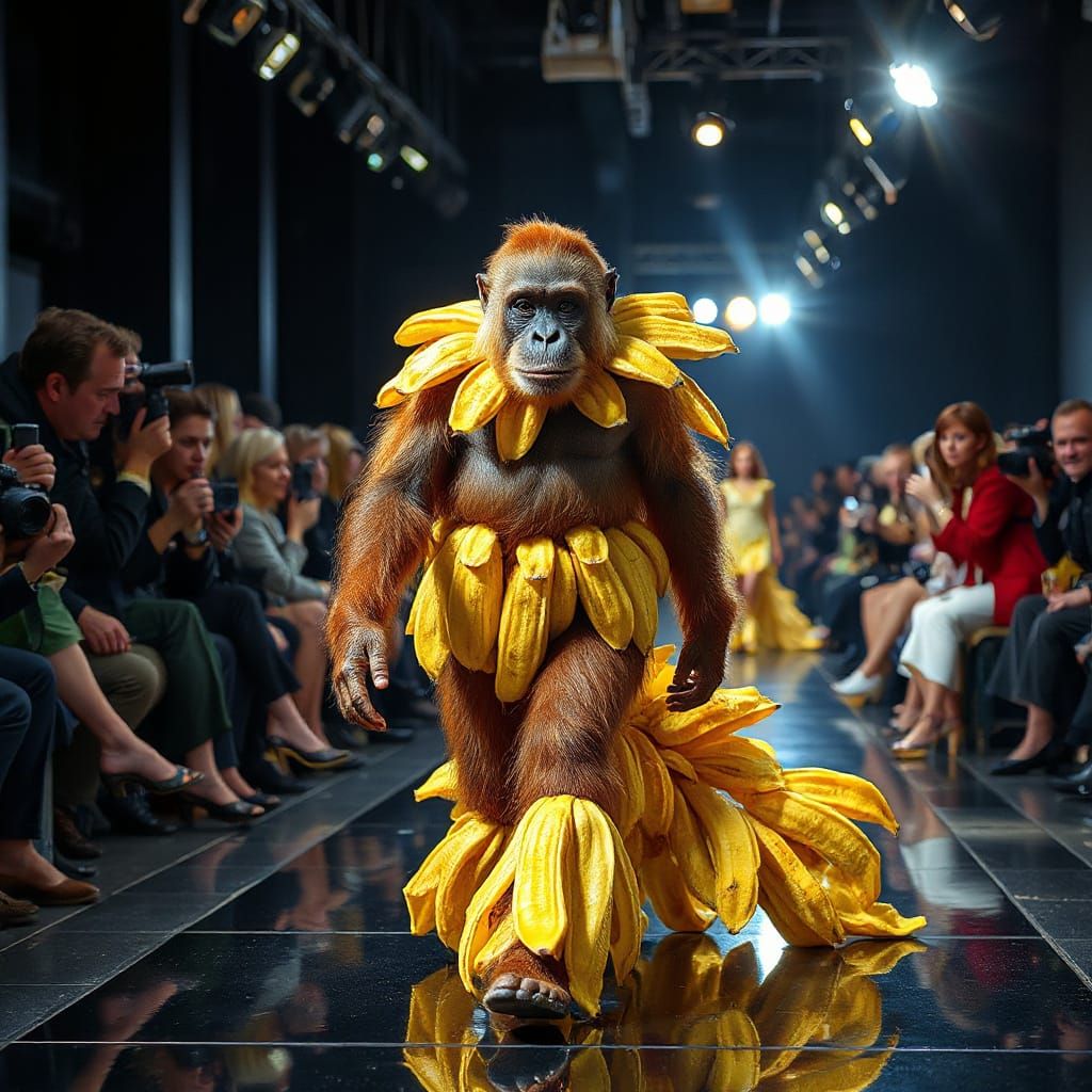 Confident Orangutan Model Struts Down the Runway in Banana-P...