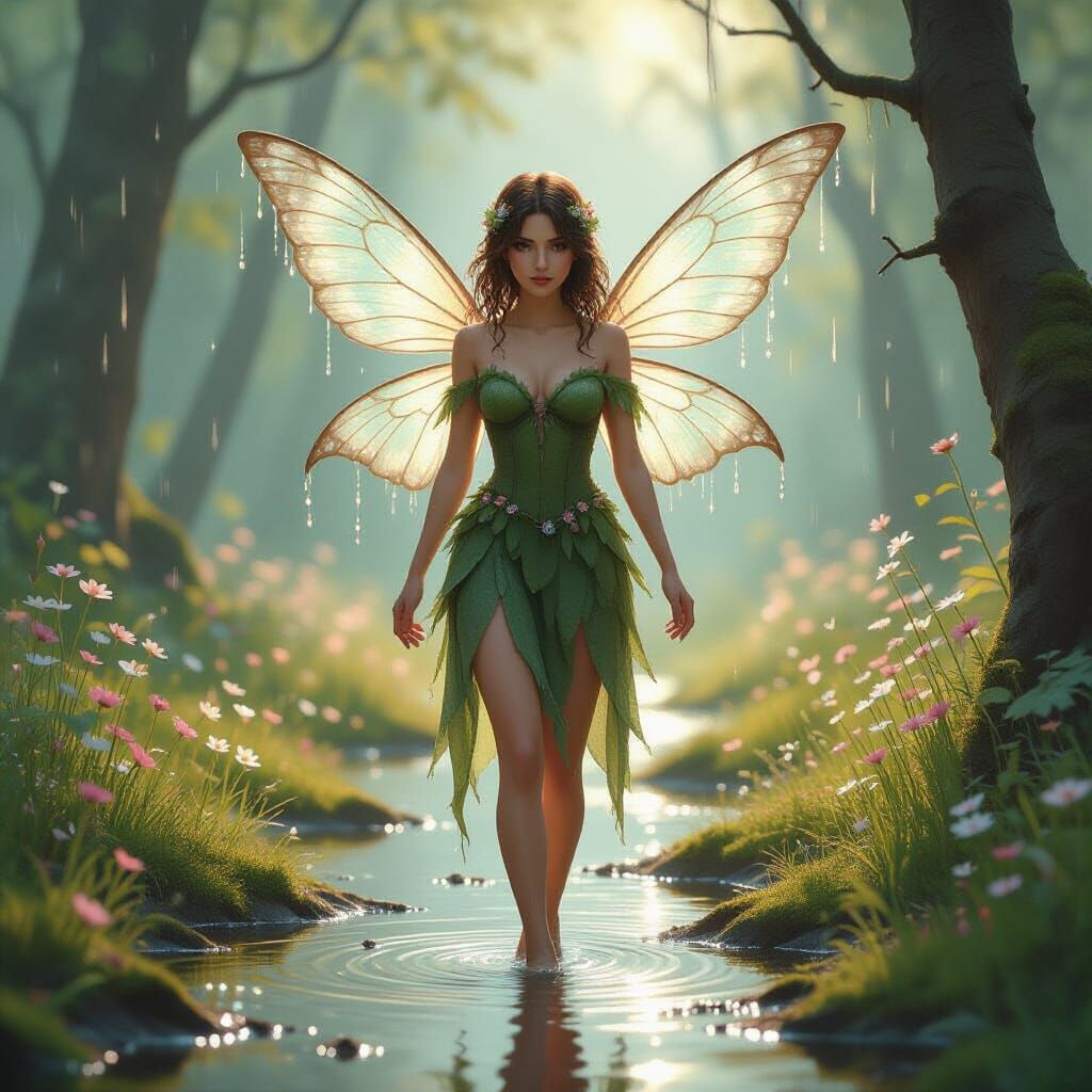 Rain Fairy in Misty Forest, Fantasy Art Style