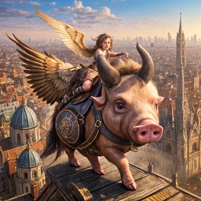 Winged Pig Delivering Love Letters Over the City