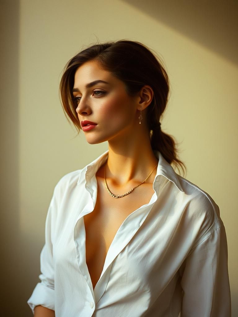 Elegant Supermodel in Unbuttoned Shirt, Analog Film Style