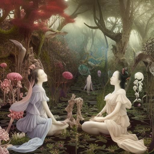 Laughing Figures Float Through Space in Surrealist Style