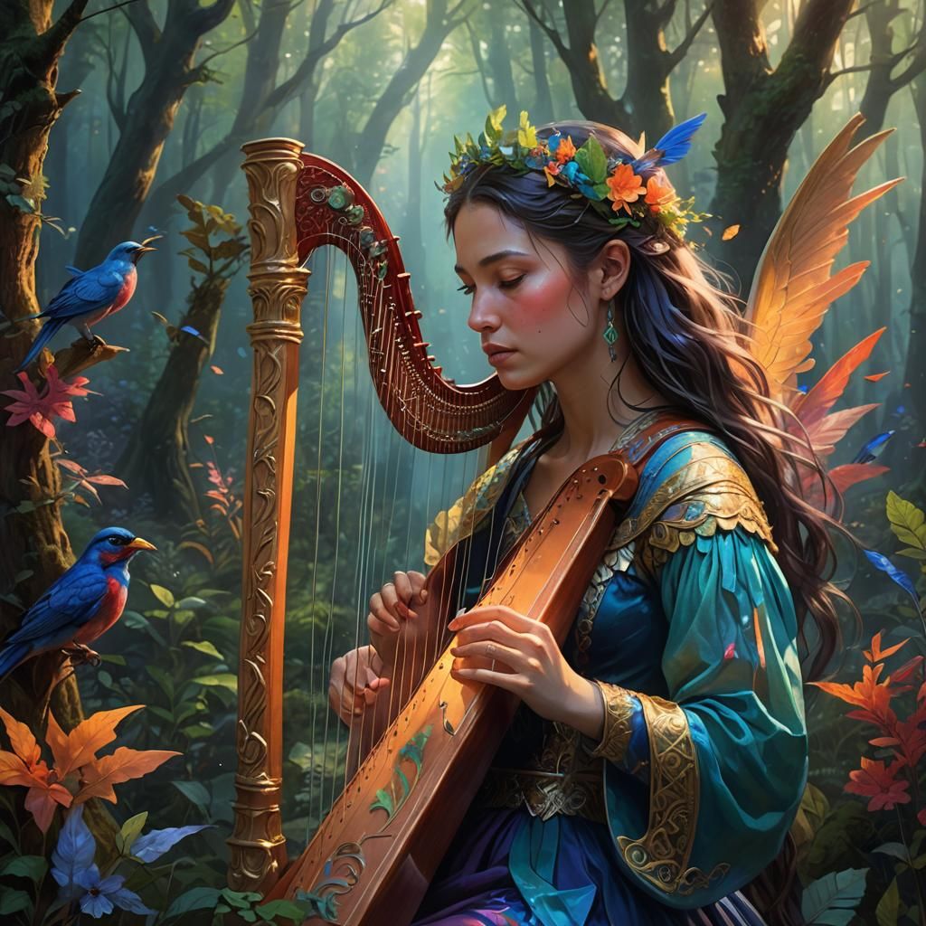 Hyperrealistic Harpist in Vibrant Forest