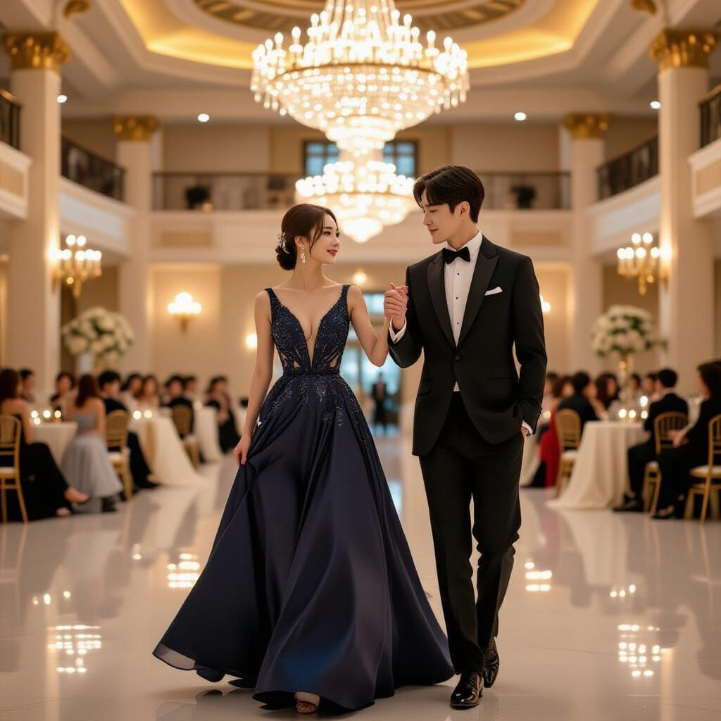 Korean Couple Waltzing in Lavish Ballroom