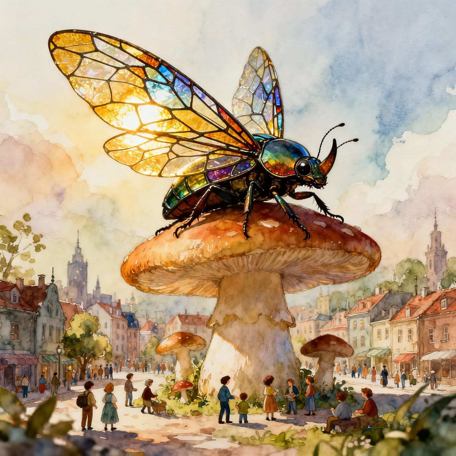 Giant Stained-Glass Beetle Overlooking Miniature City in Wat...