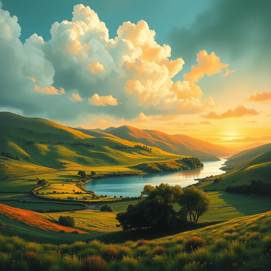 Irish landscape. Lake. Hills. Only shades of green graffiti art, splash art, street art, spray paint, oil gouache meltin...