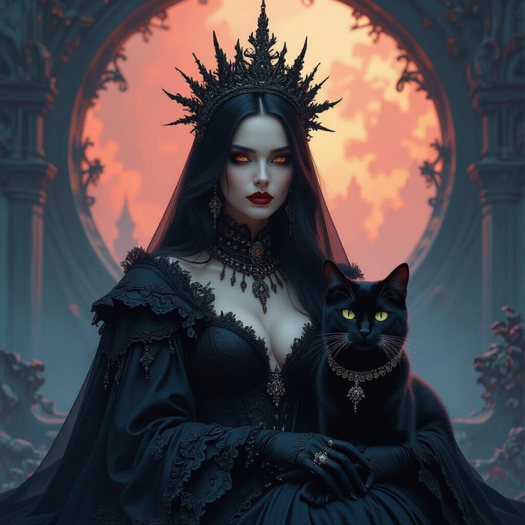 Gothic Queen and Cat in Detailed Matte Painting