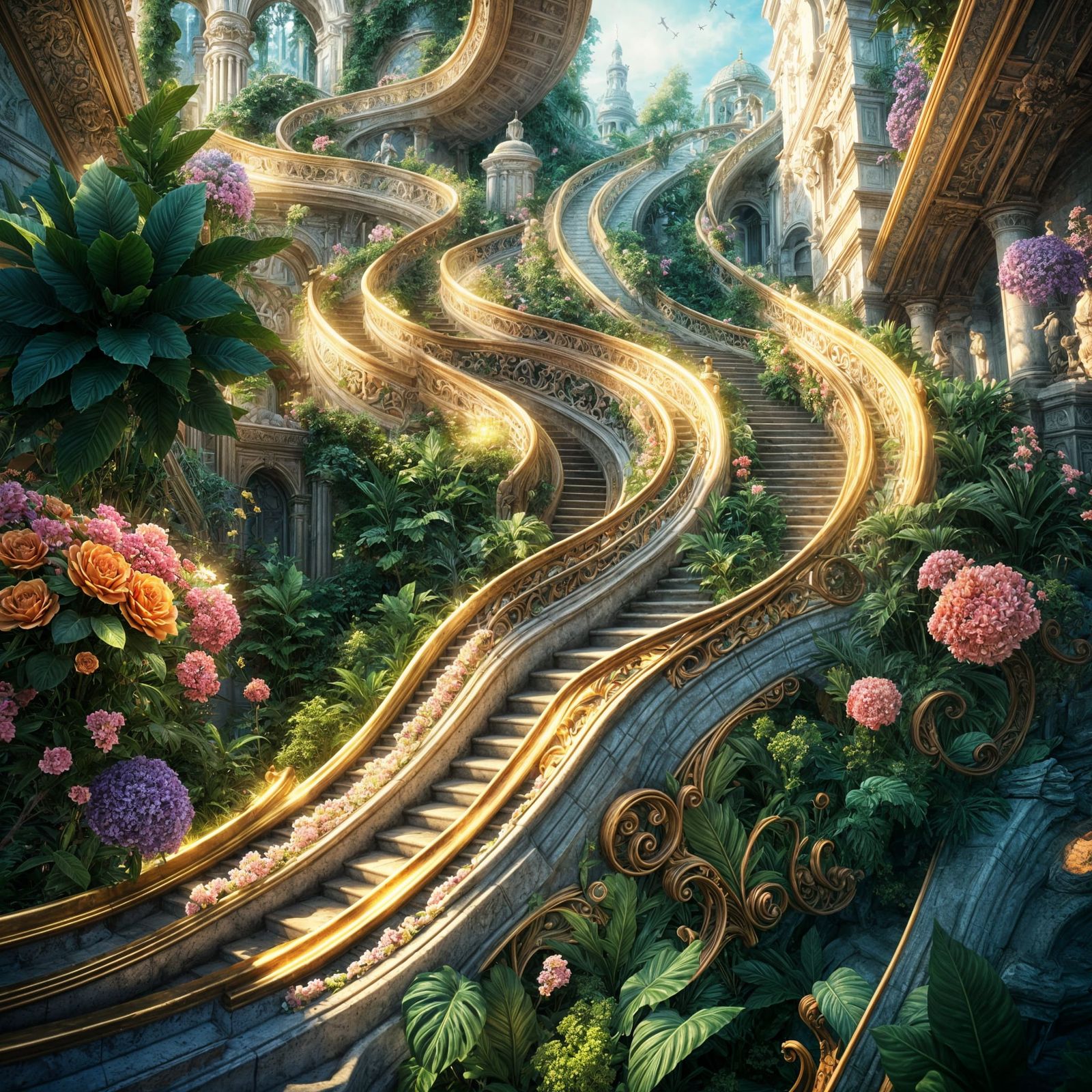 Baroque Staircase Surrounded by Lush Fractal Flora