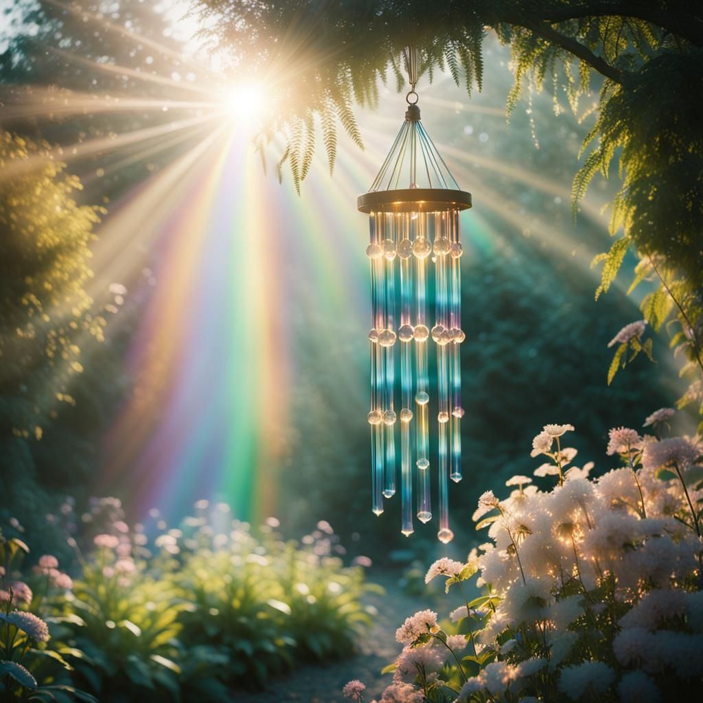 Crystal Wind Chimes Refracting Light in Garden