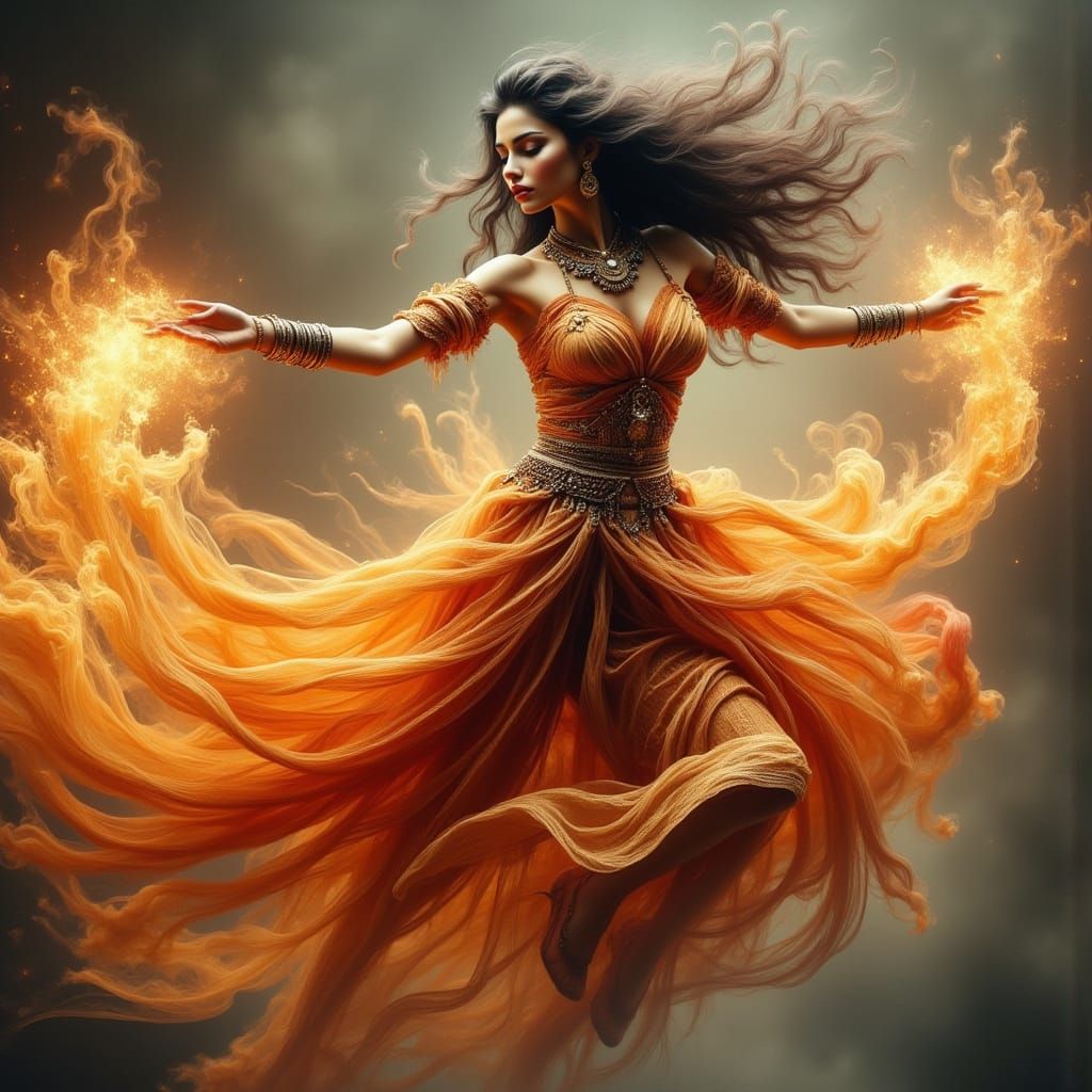 Ethereal Warrior in Flame-Edged Sari-Bustle