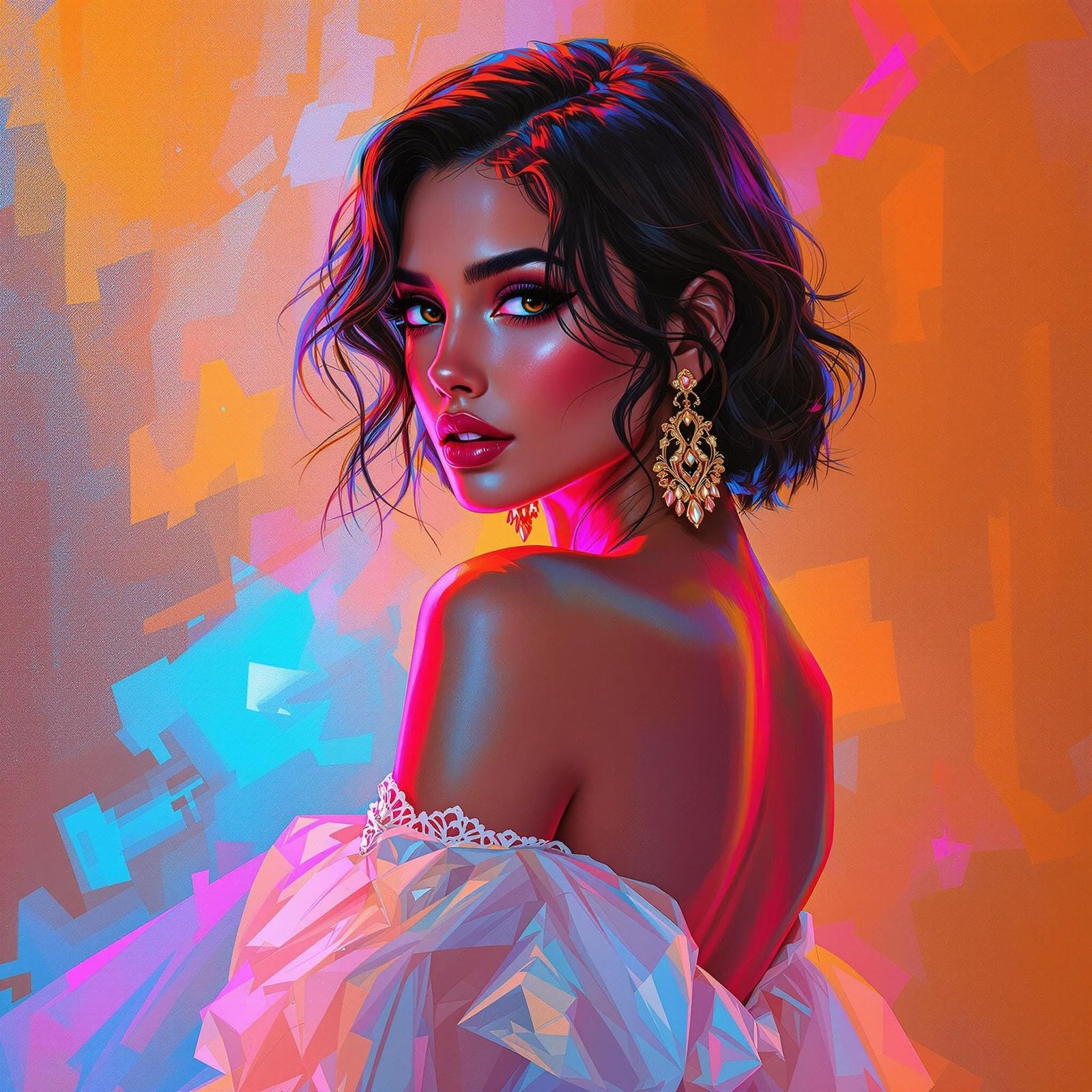 Photorealistic Oil Painting of Elegant Woman in White Gown