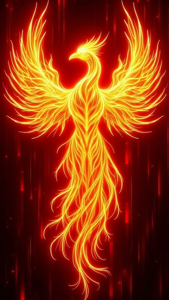 Symmetrical Orange and yellow Phoenix, against a red crystal...