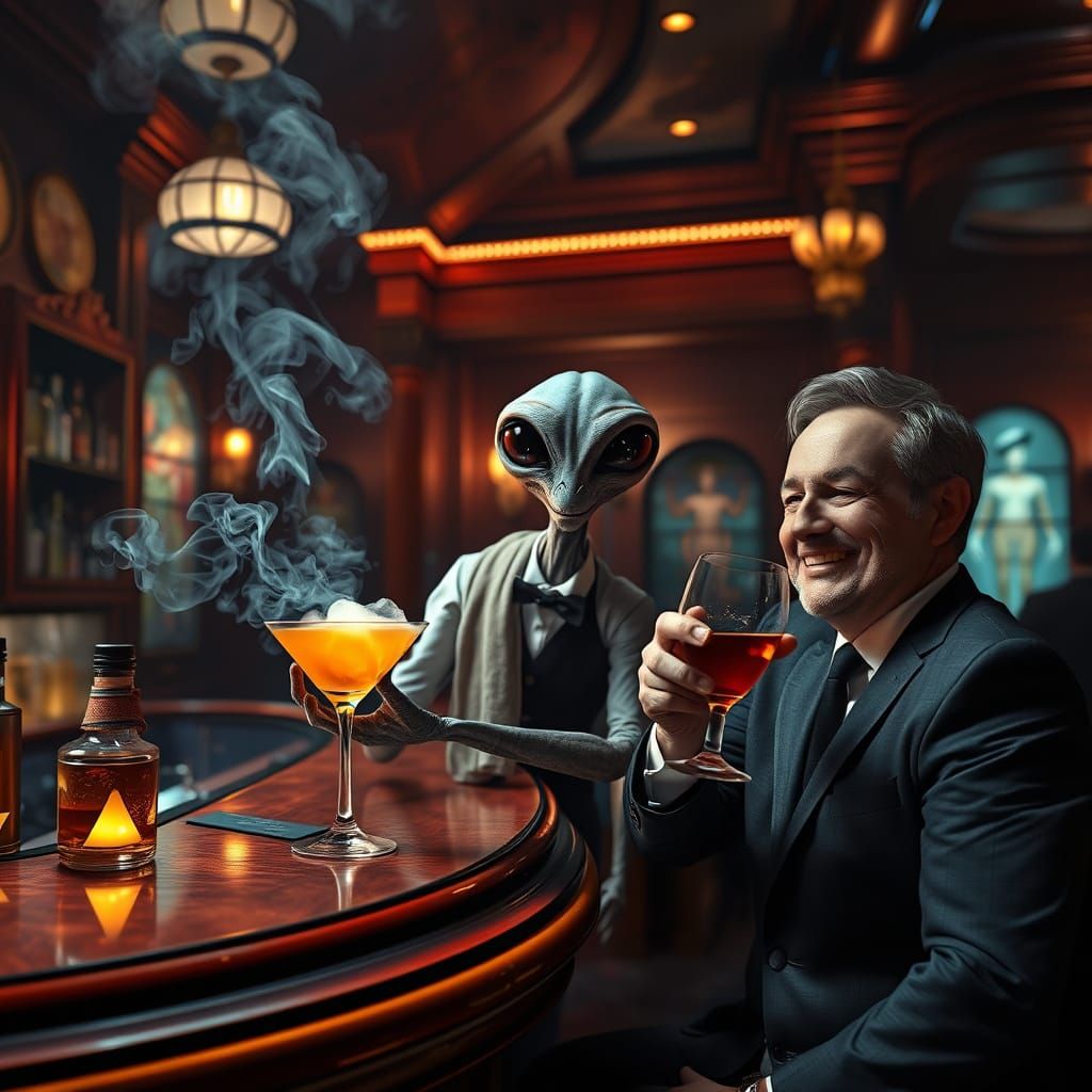 Alien Bartender Serves Cocktail in Opulent Bar