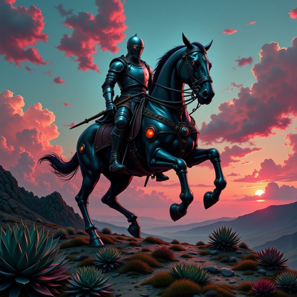 Cyborg knight at sunset
