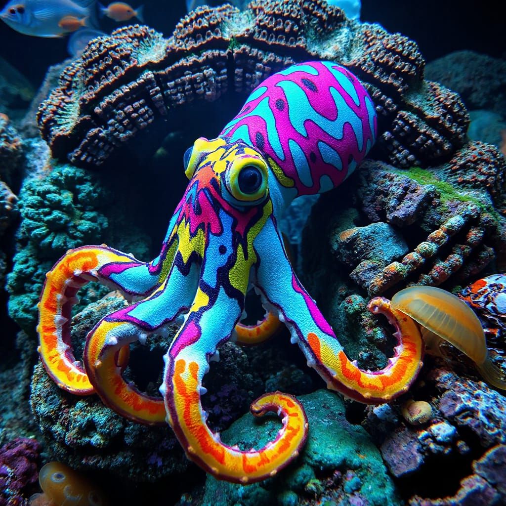 Graffiti Squid in a Neon Underwater Art Gallery