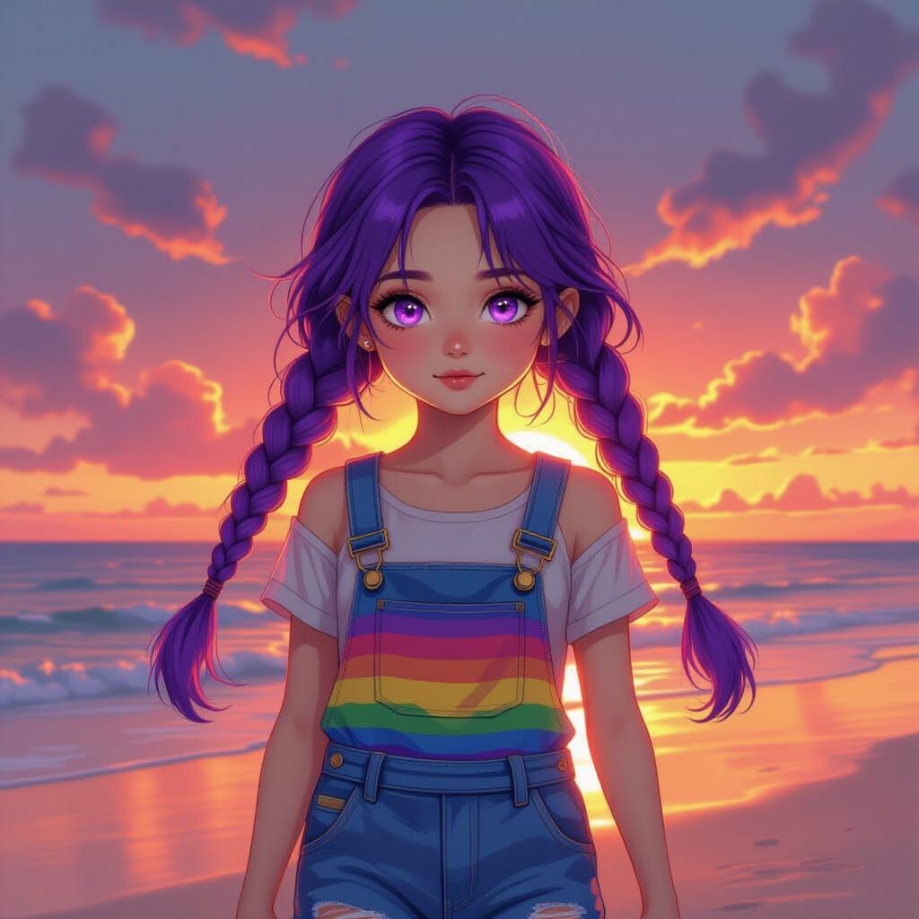 Girl with Purple Hair on Beach at Sunset