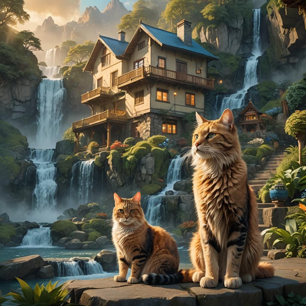 Fantasy Scene: Giant Cat by Waterfall House