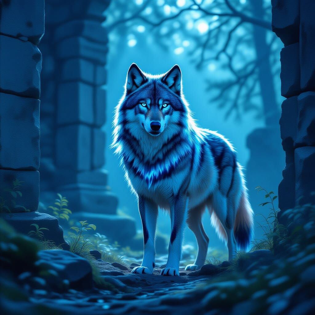 Bioluminescent Wolf Guardian in Mystic Forest
