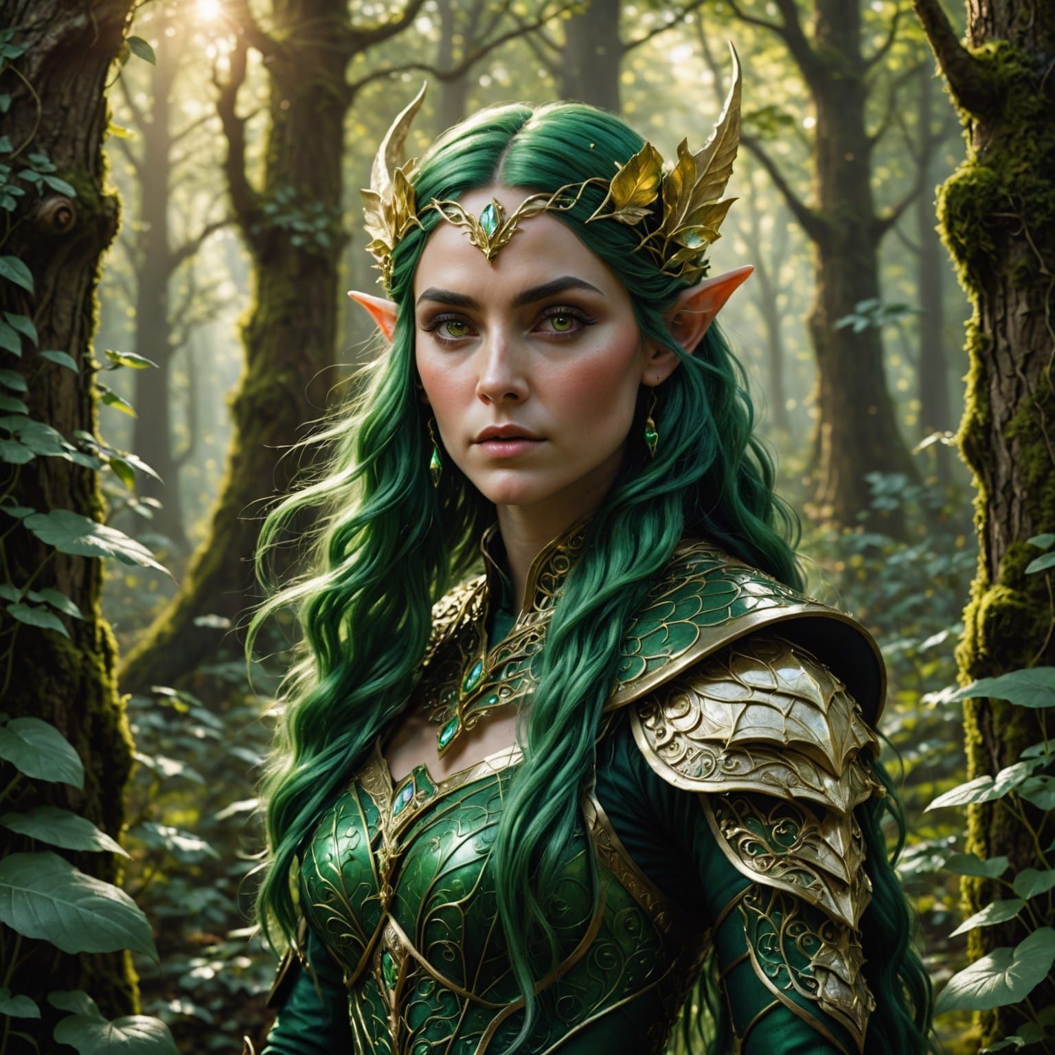 Majestic Green Elf Maiden in Lush Enchanted Forest