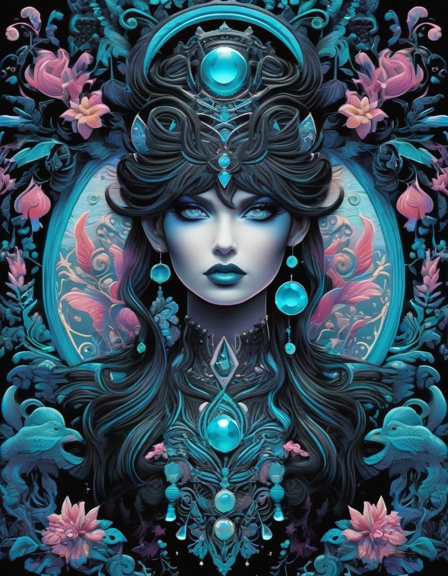 Stormy Magical Embroidery T-Shirt Design in Cyan