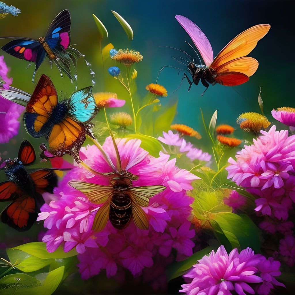 Cheerful Insects Around a Huge Flower