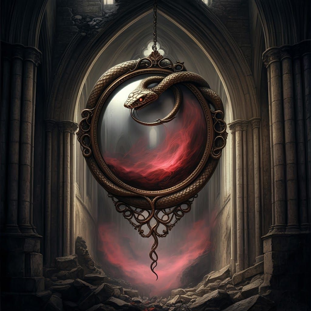 Ouroboros Mirror Reflecting Red Mist in Gothic Cathedral