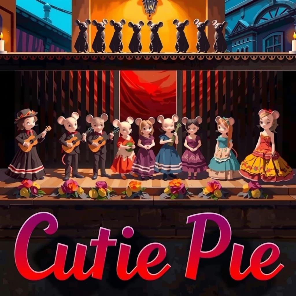 In a cozy, festive Mexican plaza bathed in warm, golden light, a group of tiny, dapper mice dressed in traditional charr...