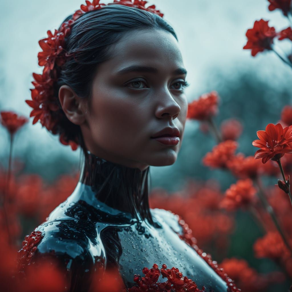 Opalescent Glass Flower Woman: Hyperrealistic Portrait