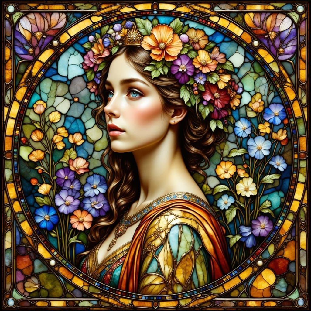 Nouveau Art Stained Glass Princess Surrounded by Flowers