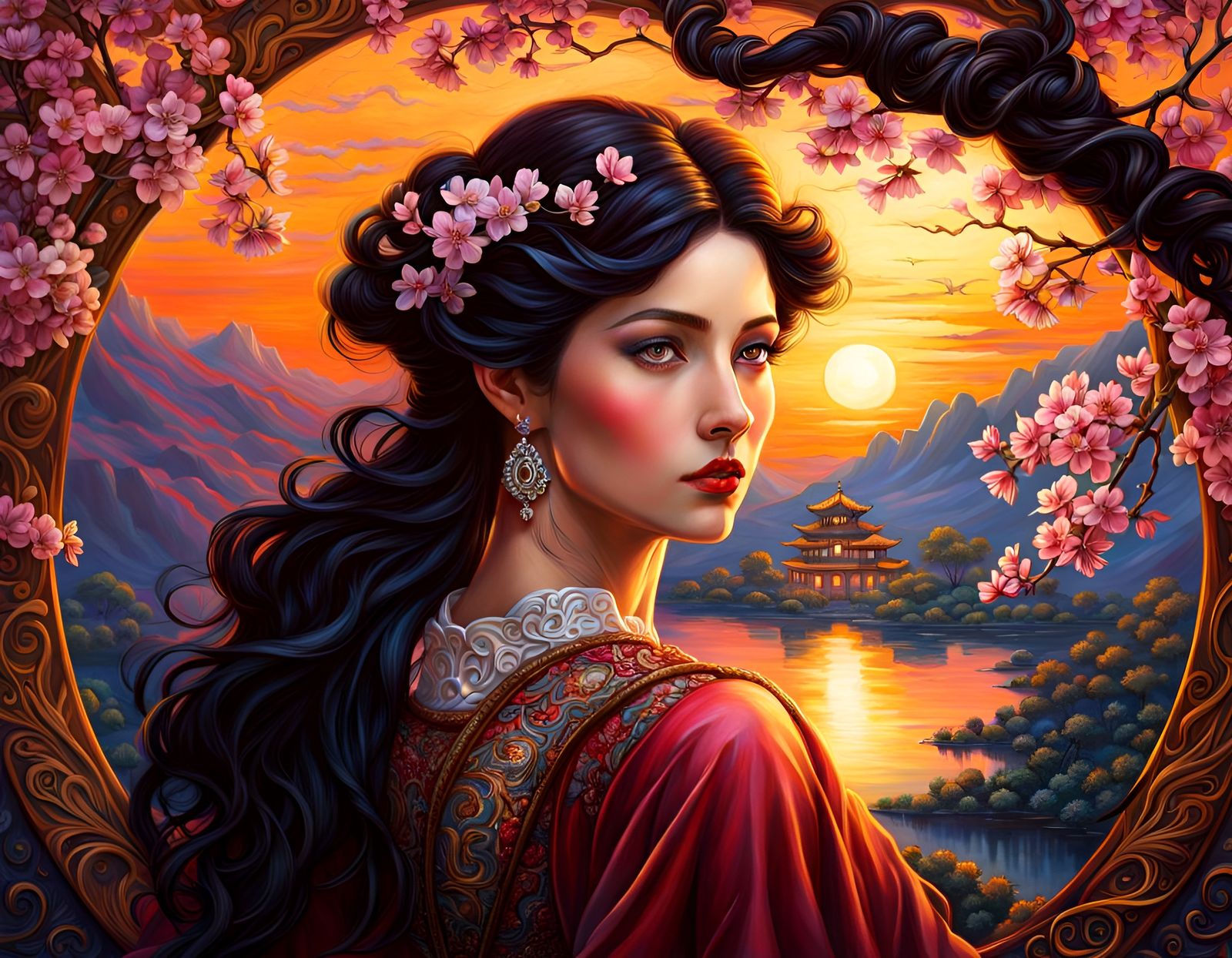 Lady with Cherry Blossoms in Art Nouveau Style