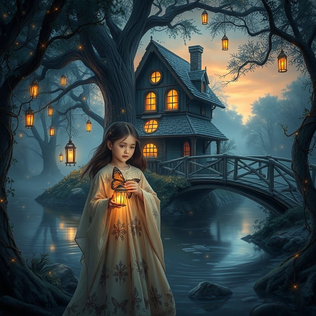 Dreamlike Forest Cottage with Girl and Butterfly Lantern