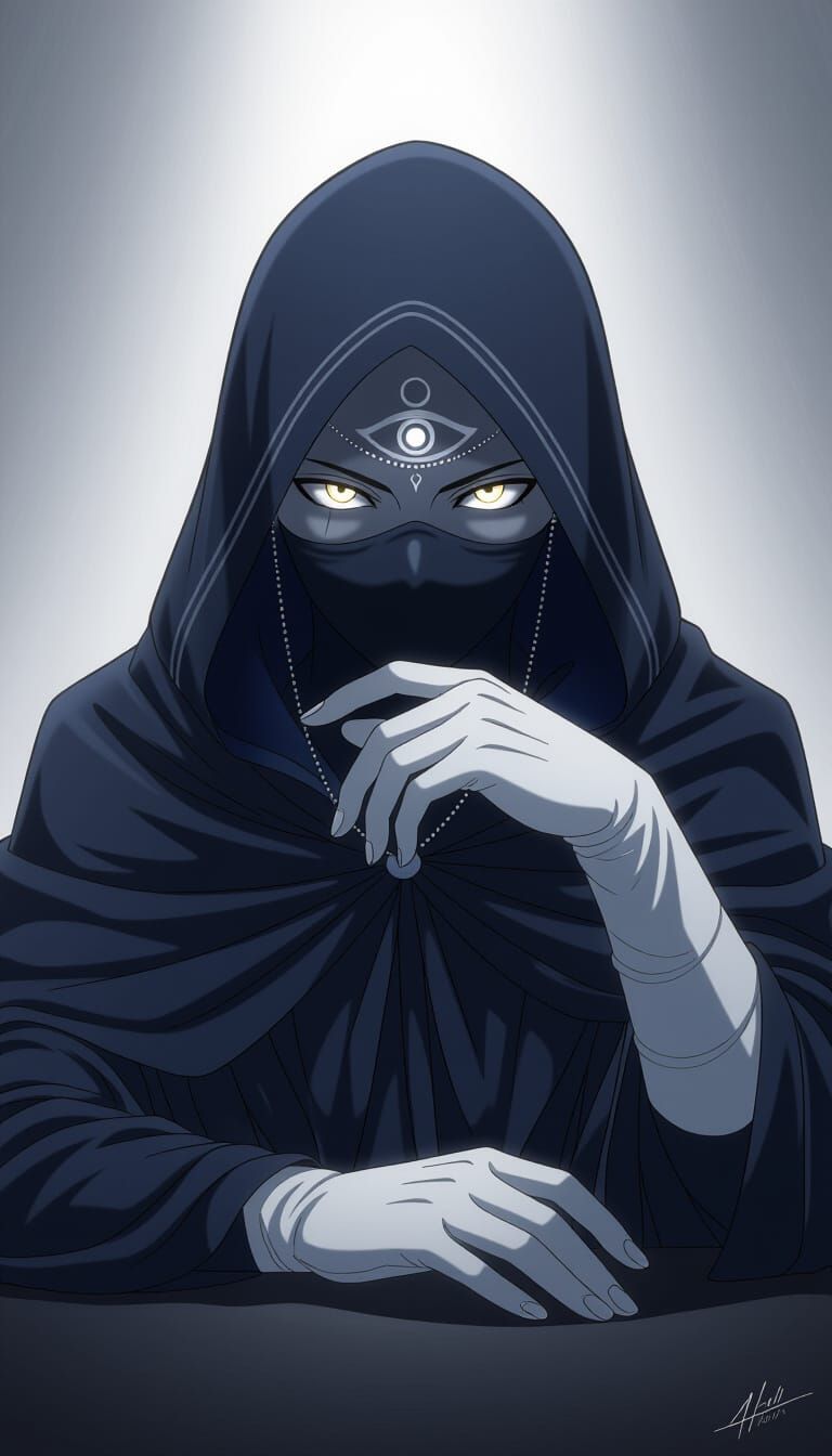 Mysterious Hooded Figure with Glowing Eyes in Dark Ritual