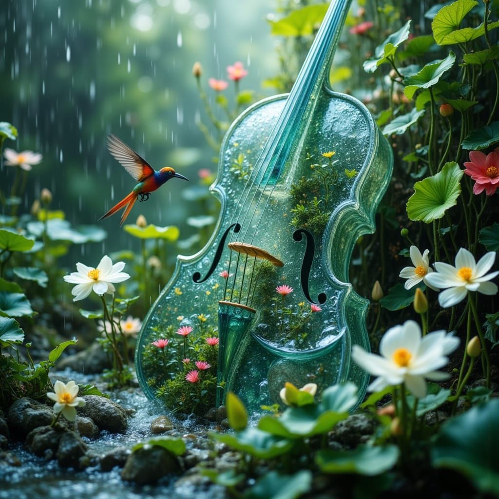 Water Cello Sculpture with Tropical Jungle and Waterfalls