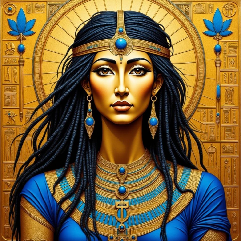 <lora:EGYPTIAN GOLD:1.0> Radiating power the goddess Isis with long dark dreadlocks and tanned skin in a blue clothes we...
