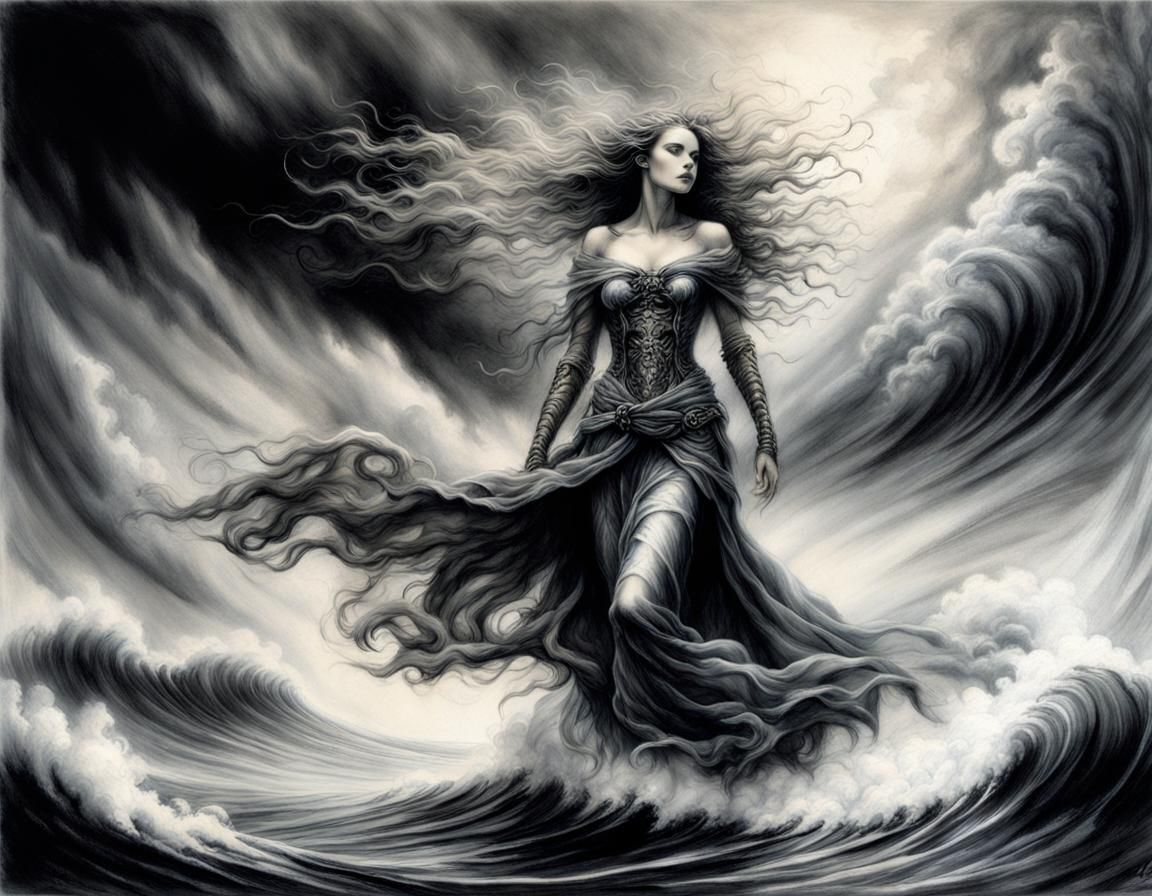 Ethereal Figure Rises from Dreamy Charcoal Landscape