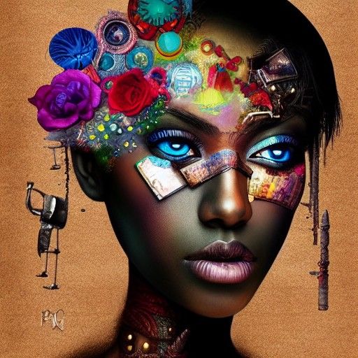 Fantasy Collage: Dark-Skinned Woman in Cyberpunk Style