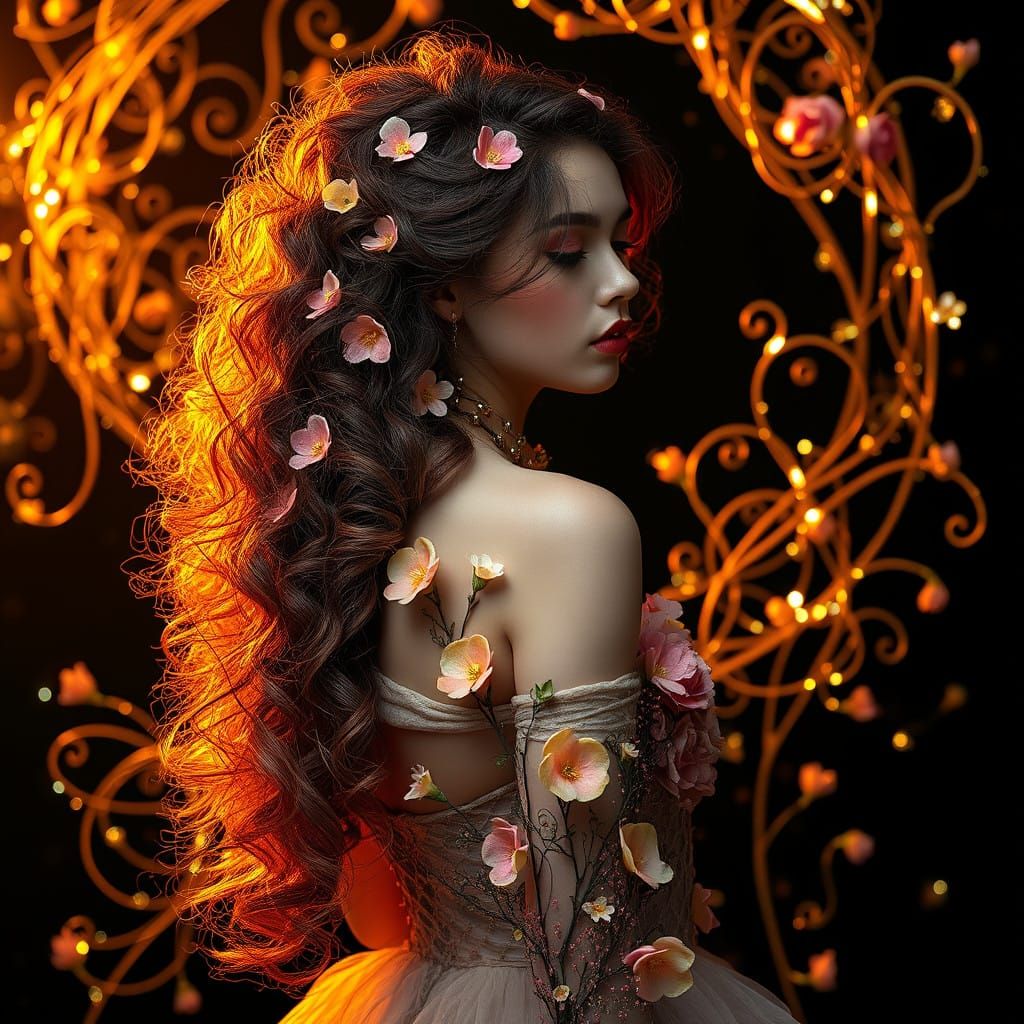 Enchanted Woman in Whimsical Floral Hair, Fantasy Art