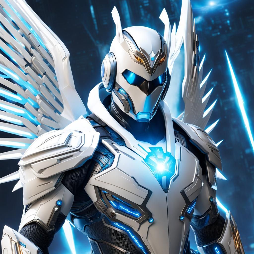 Cybernetic Superhero with Angel Wings and Plasma Swords