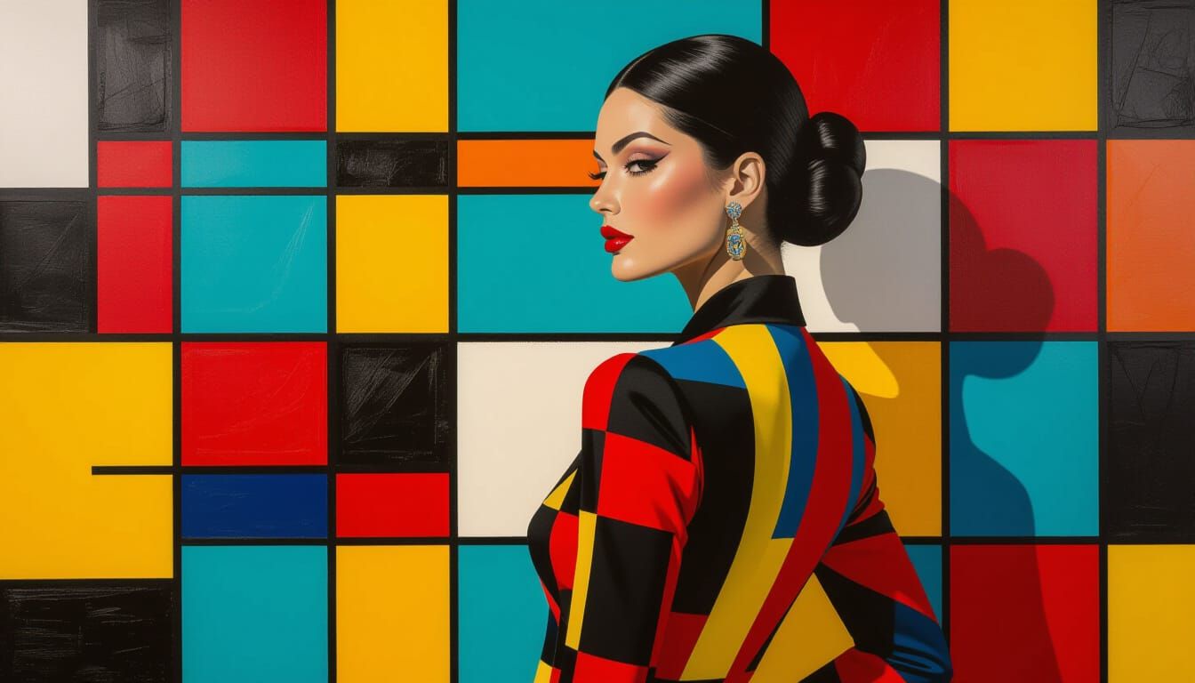 Geometric Woman in Profile: Abstract Expressionist Optical A...