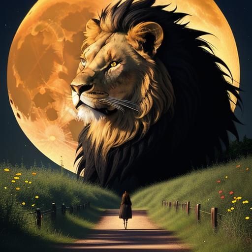 Lion and Girl's Moonlit Journey Through Time