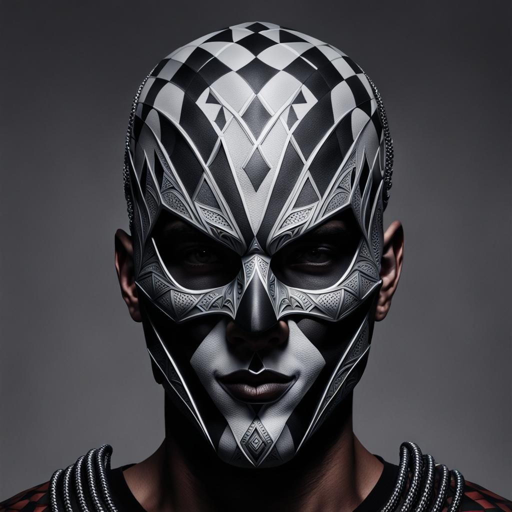 Geometric Heyoka Harlequin Mask Tattoo Design
