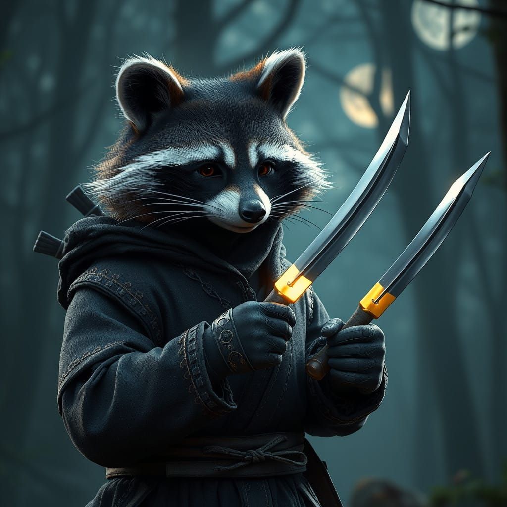 Stealthy Raccoon Ninja Warrior with Gleaming Kunai Knives