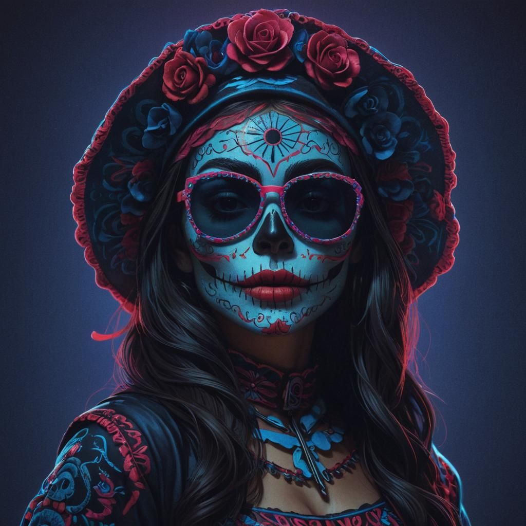 Synthwave Catrina with Neon Sugar Skull Details