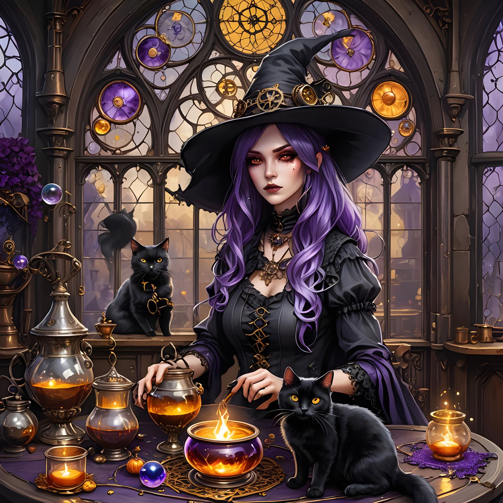 Background an ornamented gothic window. Foreground one beautiful lady witch with purple hair and a witch hat and a black...