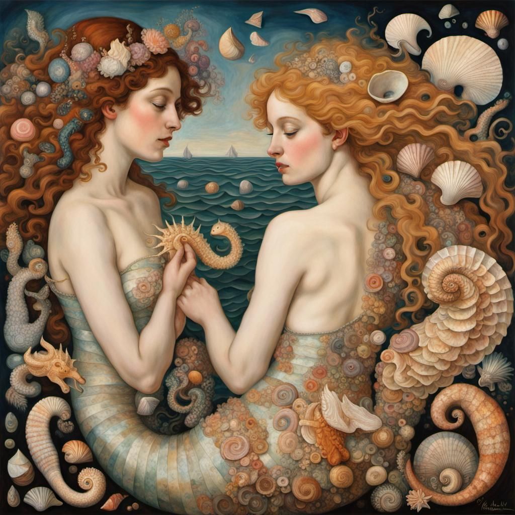 Psychedelic Mermaid Angel with Seashells, Hyperdetailed