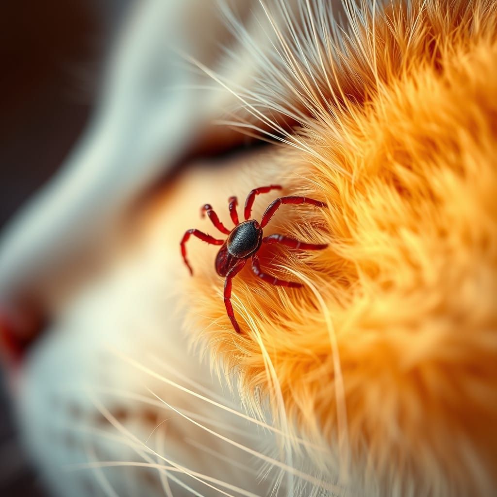 Hyper-Realistic Tick Embedded in Furry Pet's Whiskers