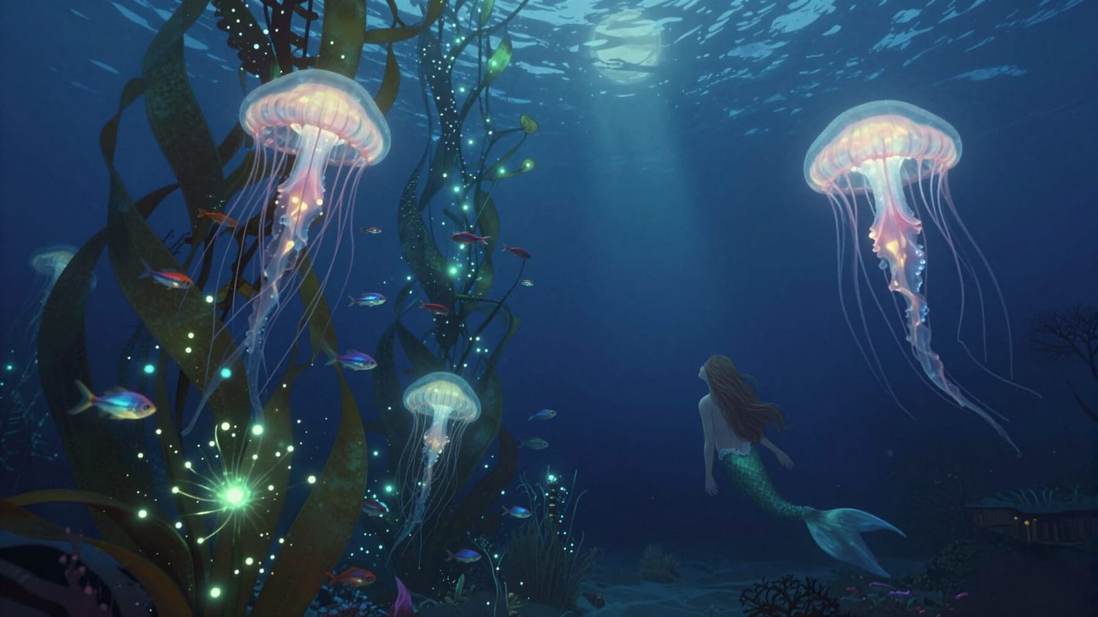 Underwater Bioluminescent Forest with Mermaid, Ethereal Fant...