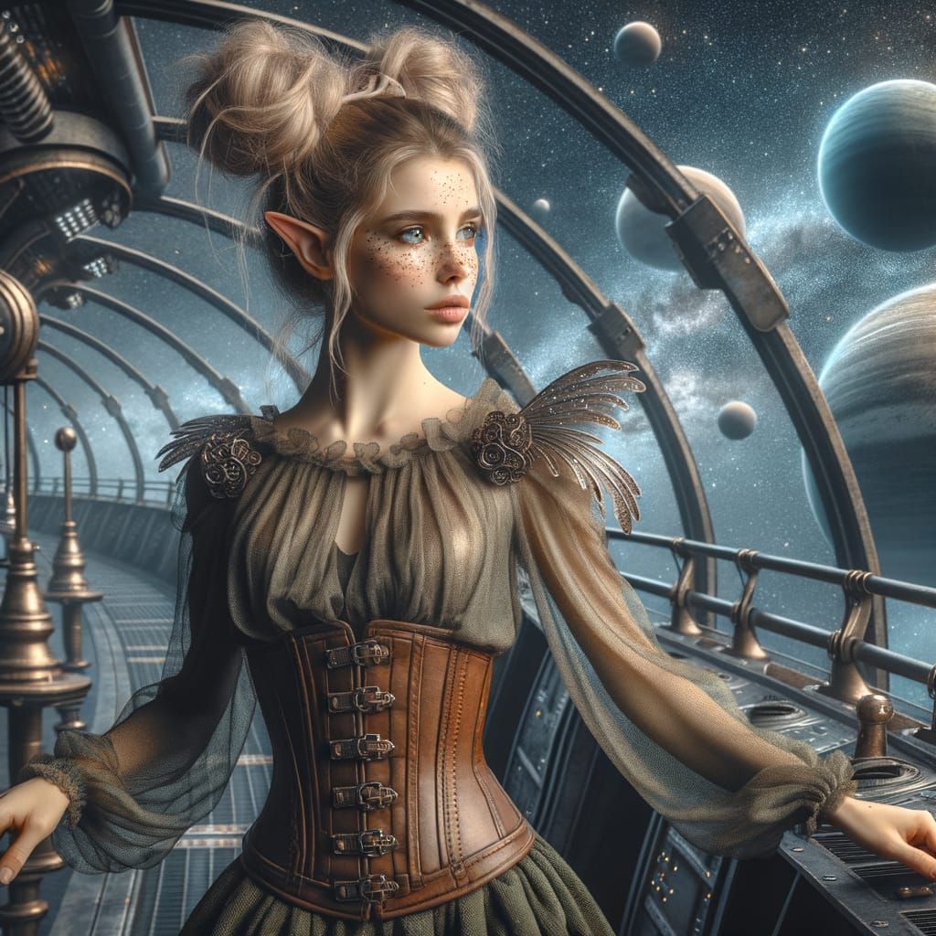 Steampunk Fairy Surveys Space in Digital Matte Painting