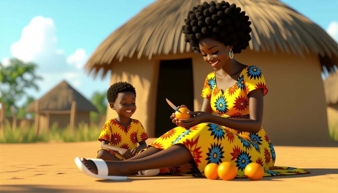 African Woman and Child in Village Setting